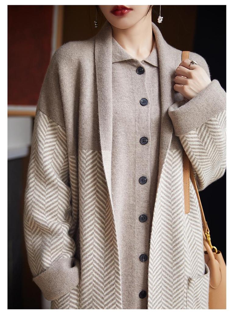 Dámský extra dlouhý zahuštěný kardigan s klopami 100% vlněný svetr šál - Volné podzimní/zimní pletené zboží.