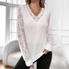 European American 2025 Autumn Winter New Women's Solid V-neck Lace Spliced   Nail Rhinestone Lantern Sleeve T-shirt Top