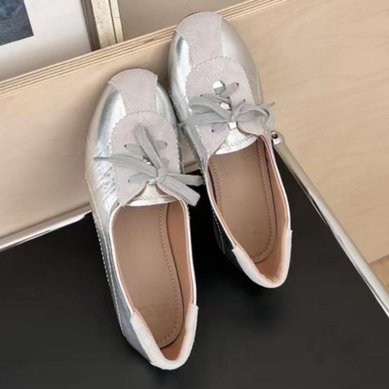 Fashion Spring New Flat Shoes Women's Fashion Round Head Deep Mouth Front Lacing Stitching Suede Soft Sole Non-slip Shoes