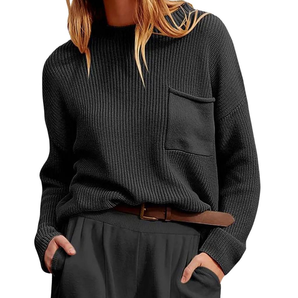 Women's Loose Crewneck Pocket Solid Color Long-sleeve Knitted Sweater Top