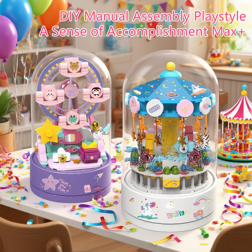 3D Moc Block-Assembled Plastic Flower Carousel Music Box - Sunflower Rose Cake Ferris Wheel Gift For Adults  Girls