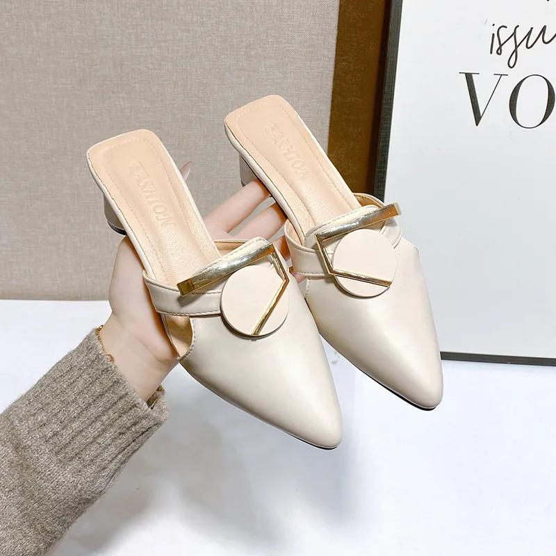 Beige Heeled Sandals Square Heel Slippers Women Summer Cover Toe Luxury Slides Female Shoes Med Platform Black Block Designer