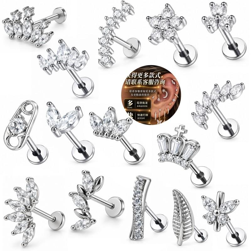 Stainless Steel Lip Ring Threaded Leaf Piercing Jewelry Micro Paved Zircon Minimalist Design