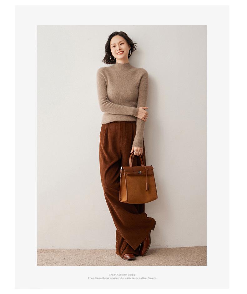 Women's Ribbed Cashmere Half-High Neck Sweater - 2024 Autumn/Winter Tight-Fit Knit Base Layer