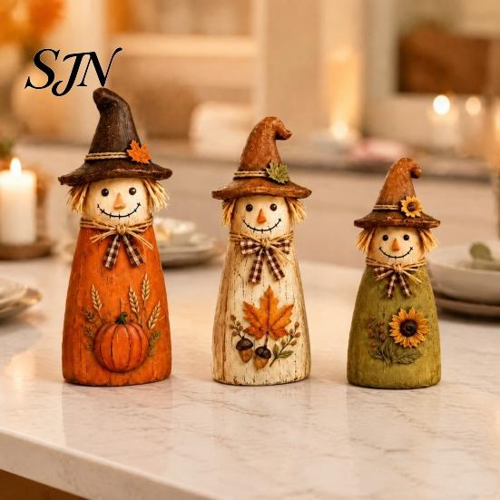 Halloween Tabletop Ornaments Vintage Resin Scarecrow Figurines, Fall Harvest Pumpkin Sunflower Maple Autumn Home Decor Leaf Decor, Thanksgiving Mantel