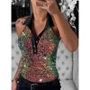 European and American Gyaru Top Summer Fashion Sequined Lapel Button Slim fit Sleeve Stage Vest Women clothes