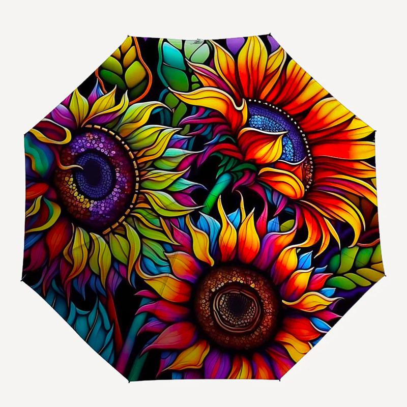 1pc Stained Glass Poinsettia Design Automatic Folding Umbrella, Portable 3-Fold Design with 8-Bone Iron Frame, Outdoor for Fans, Travelers, Daily Use,