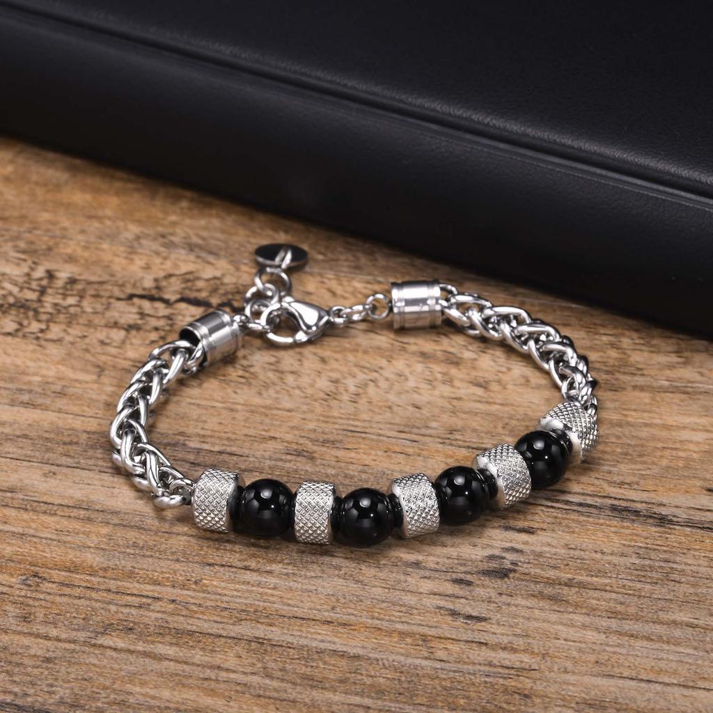 Herren Armbänder mit Perlen, Armband mit Gliedern aus Edelstahl und Natursteinen, Weihnachts- und Geburtstagsgeschenke für Papa, Ehemann, Sohn