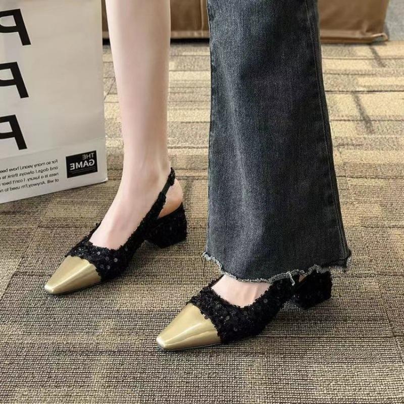 Fragrant Style Color Matching Square Head Thick Heel High Heel Single Shoes Women's New Elegant Temperament Light Mouth Empty Bag Head Sandals