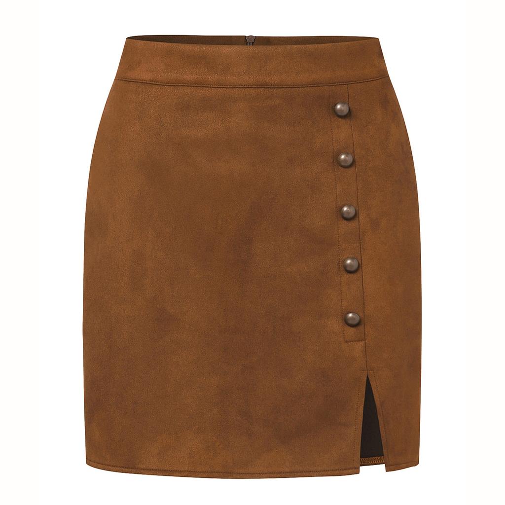 Women's Solid Color Suede Skirt High Waisted Metal Buckle Wrapped Hip Short Skirt Mini Skirt