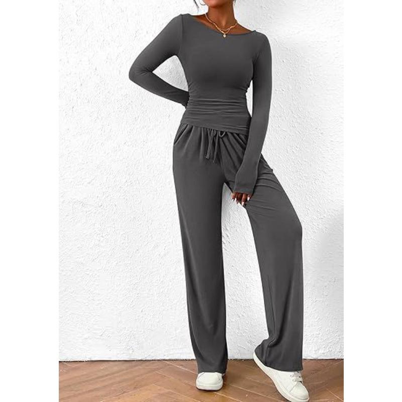 YYFS Pantaloni da donna alla moda casual primavera autunno tinta unita stampa manica lunga scollo a V pantaloni tuta