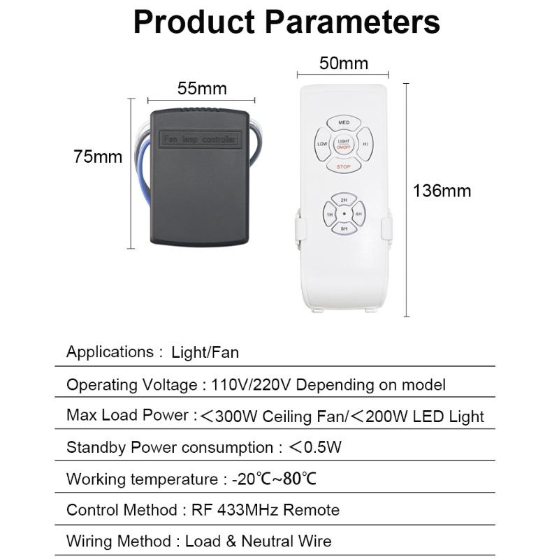 Mini Ceiling Fan Light Remote Control Kit 110-240V AC Timing Control Switch for Small Apartment Home Use