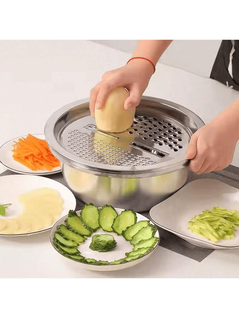 3-piece Stainless Steel Kitchen Set, Including Grater, Filter and Draining Bowl. Multi-functional for Slicing, Washing Fruits, Vegetables and Cheese.