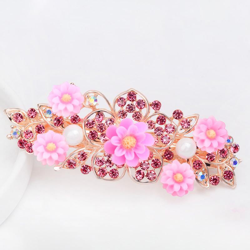 Clip de Primavera de Circonita Blanca Flor de Pedrería Brillante Clip Superior Clip Horizontal Elegante Adorno para el Cabello de Moda para Madres