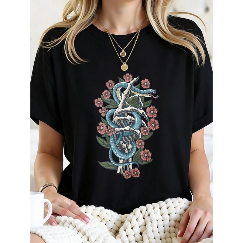

New Womens Tee Black White Grey Snake Bones Flowers Print Round Neck Stretchy Fabric Statement Graphic Soft Comfortable Fit All Season 4XL чорний