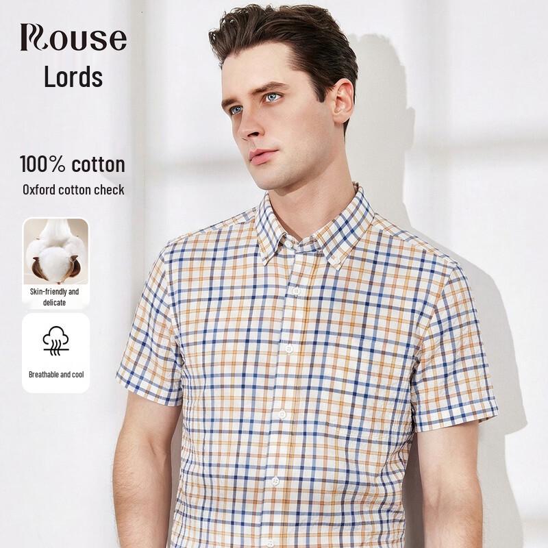 

Luo Zi Men s 100% Cotton Plaid Short Sleeve Shirt 40