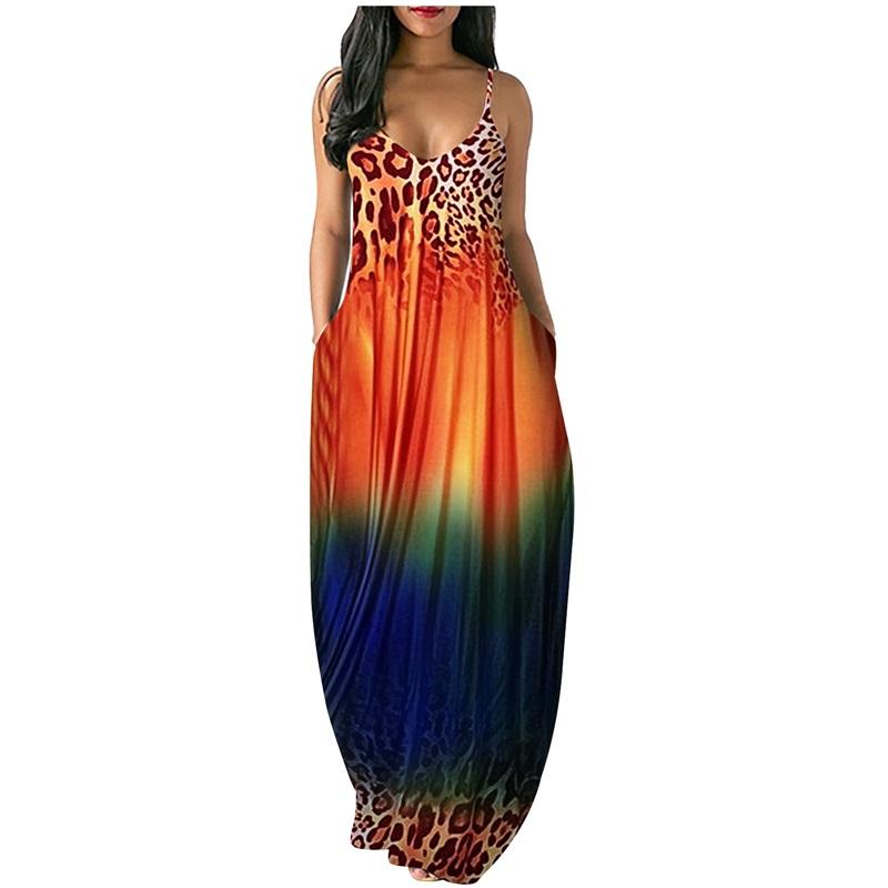 Women's Leopard Print Gradient Maxi Dress Sleeveless V Neck Casual Long Dress With Pockets