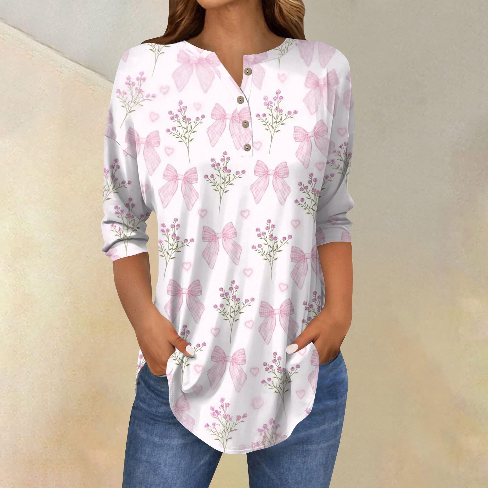 

Женская повседневная свободная футболка с принтом банта на пуговицах и рукавами три четверти XL фиолетовый