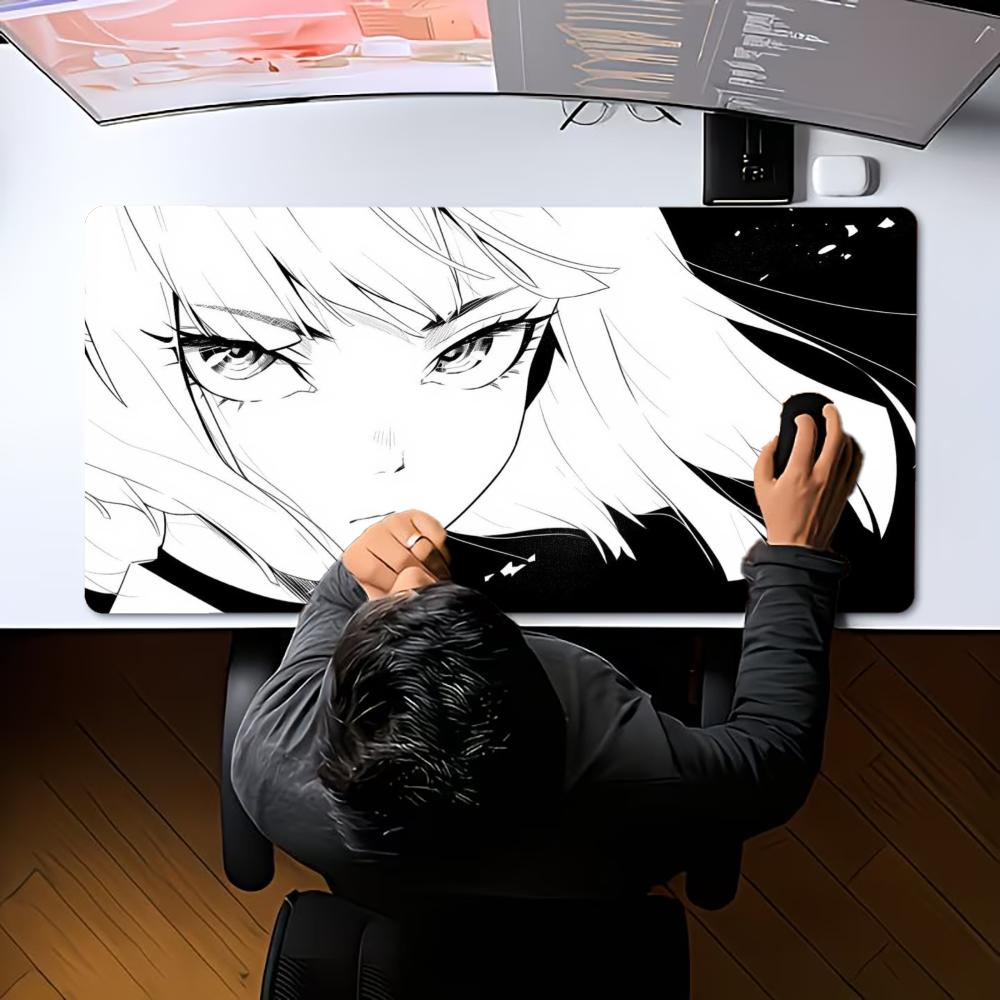 Large Gaming Mouse Pad B&W Manga Style Line Art Anime Girl XXL Deskmat Non‑Slip Rubber Mousepads Keyboard Mat Game Table Mats