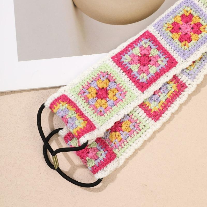 Elegant Crochet Flower Head Scarf Wide Hairband for Women Teens Girl Elastic Headwrap for Music Festival Travel Props
