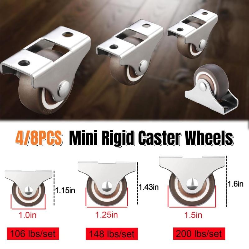 4/8 Peças Rodízios Mini Rígidos, Rodinhas de Borracha Pequenas de Perfil Baixo, Rodízios de Polia para Portas de Correr, Móveis, Gavetas de Armazenamento
