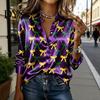 Comfortable Mardi Gras Tee Women Shirt Lapel Long Sleeve Striped Print Tops Buttons Vibrant Festival Placket Loose Fit Carnival Outfit Party