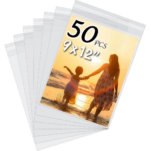 50 Pack Acid-Free Crystal Clear Sleeves Storage Bags for 8.5x11 Art Prints/Pictures/Photos/Framing Mat Mattes (Bag Size: 9"x11 3/7")