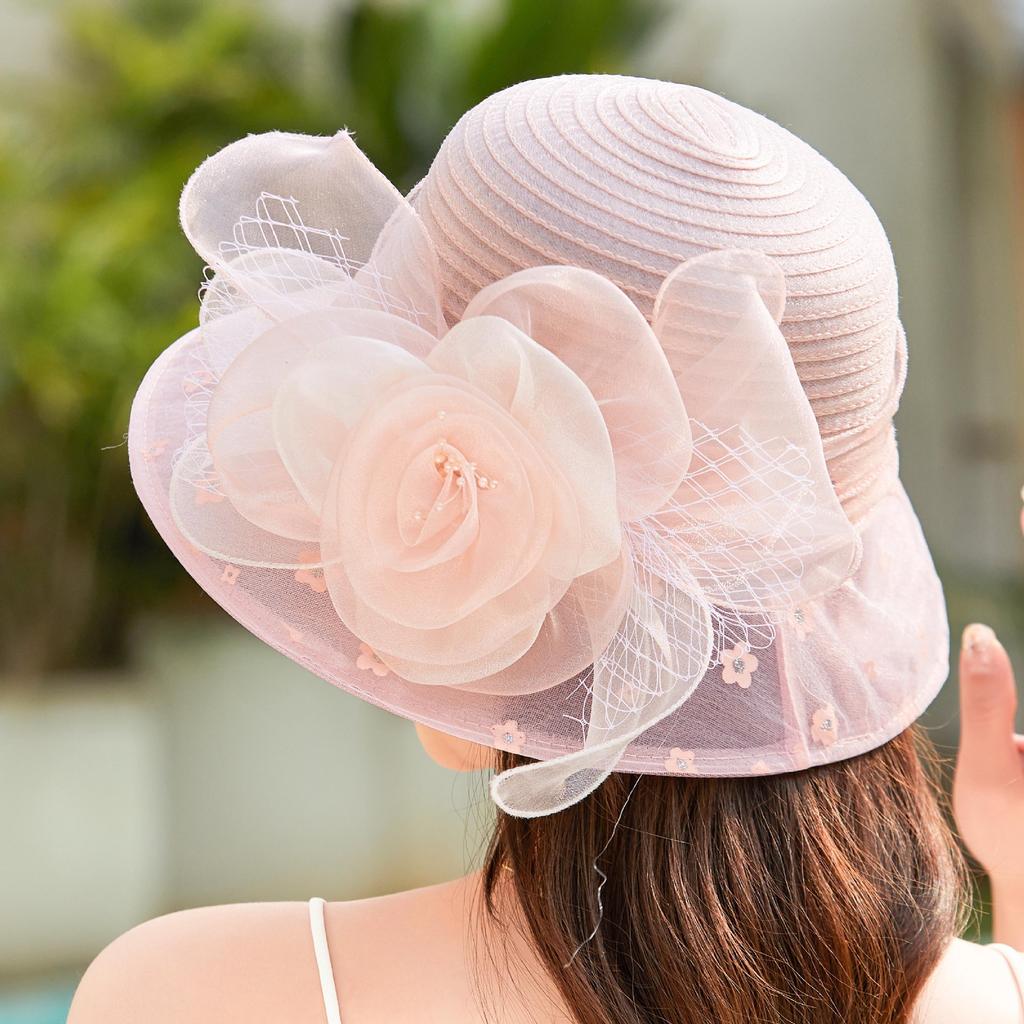 Hat Women's Summer Versatile Retro Organza Small Edge European and American Wind Hat Two-color Flower Sun Hat Sun Protection Top Hat