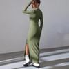 Rochie de primăvară de toamnă pentru femei, cu decolteu în V, cu tiv cu tăietură, cu mâneci lungi, până la gleznă, tricotată, elastică, rochie de petrecere pentru cumpărături