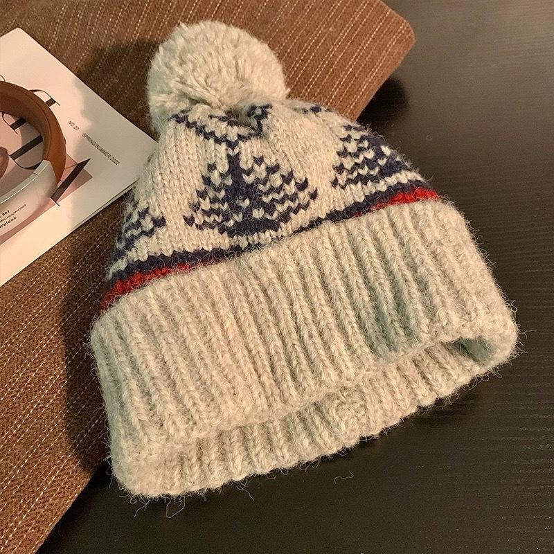 Vintage Fair Island wind wool hat women's winter thickened warm knitted hat cute ear protector cold hat