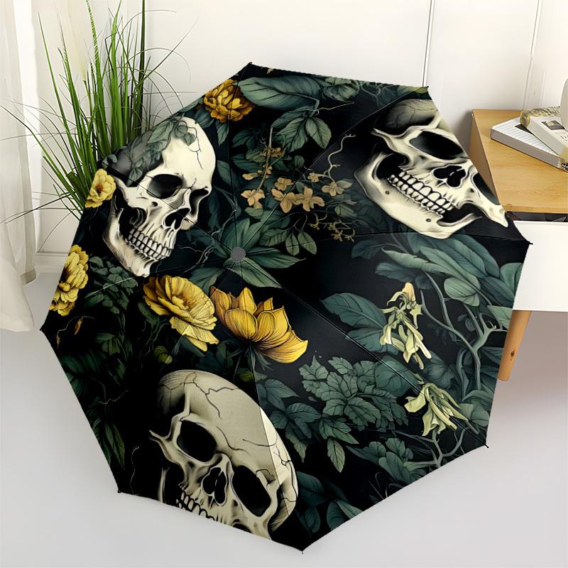 1pc Skull Floral Fashionable Automatic Opening/Closing Folding Umbrella with 8 Bones, Windproof Portable, Daily Use81