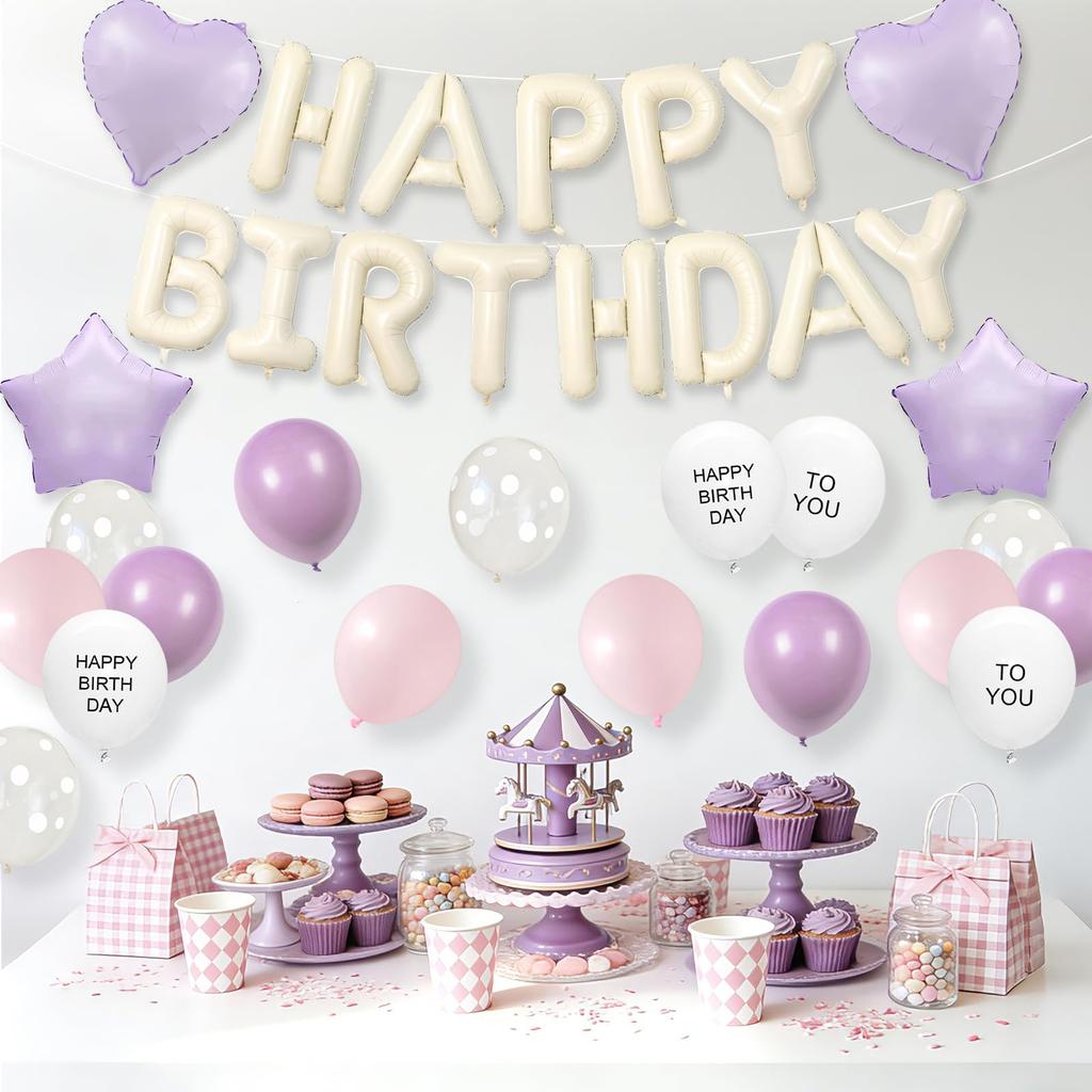 Lausatek Birthday Balloon Decoration Set Balloons Garland 'HAPPY BIRTHDAY' Letters Heart Star Clear Dot Decorations Kids Boys Girls Muted White Purple