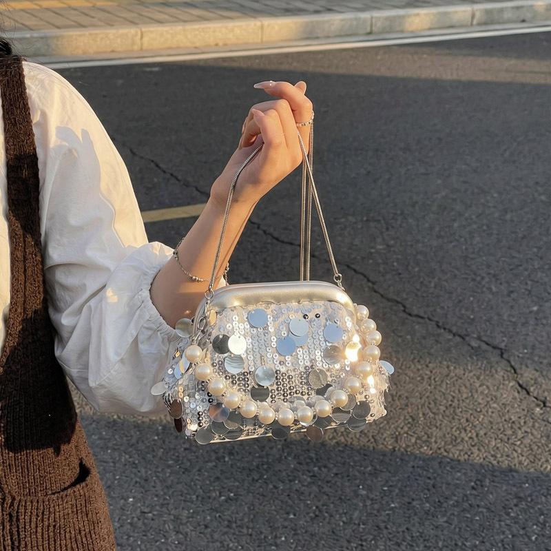 Ladies' Handbag, Women's Light Luxury Socialite Style Dinner Bag, Sequin Clip on Pearl Chain Handbag, Lace Flower Wedding Bag