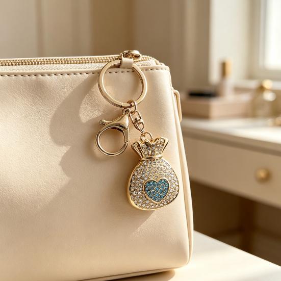 Decorative Key Ring Rhinestone Lucky Bag Keychain, Good Luck Fortune Keyring, Luxury Chain Love Heart Pouch Charm for Handbags Backpacks