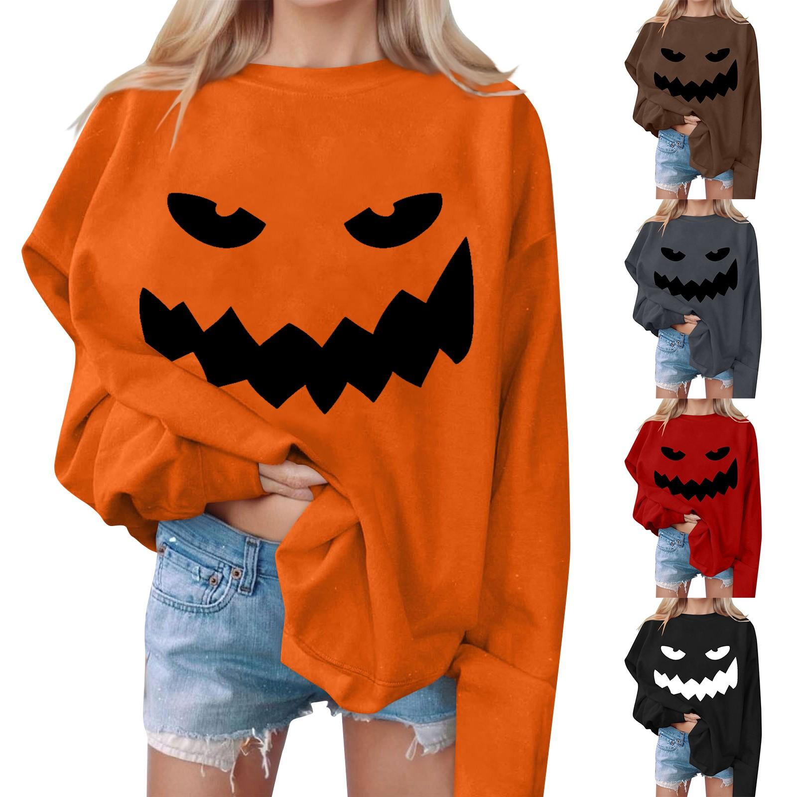 

Женские повседневные модные толстовки с длинным рукавом и круглым вырезом с принтом Хэллоуина, пуловер, топ