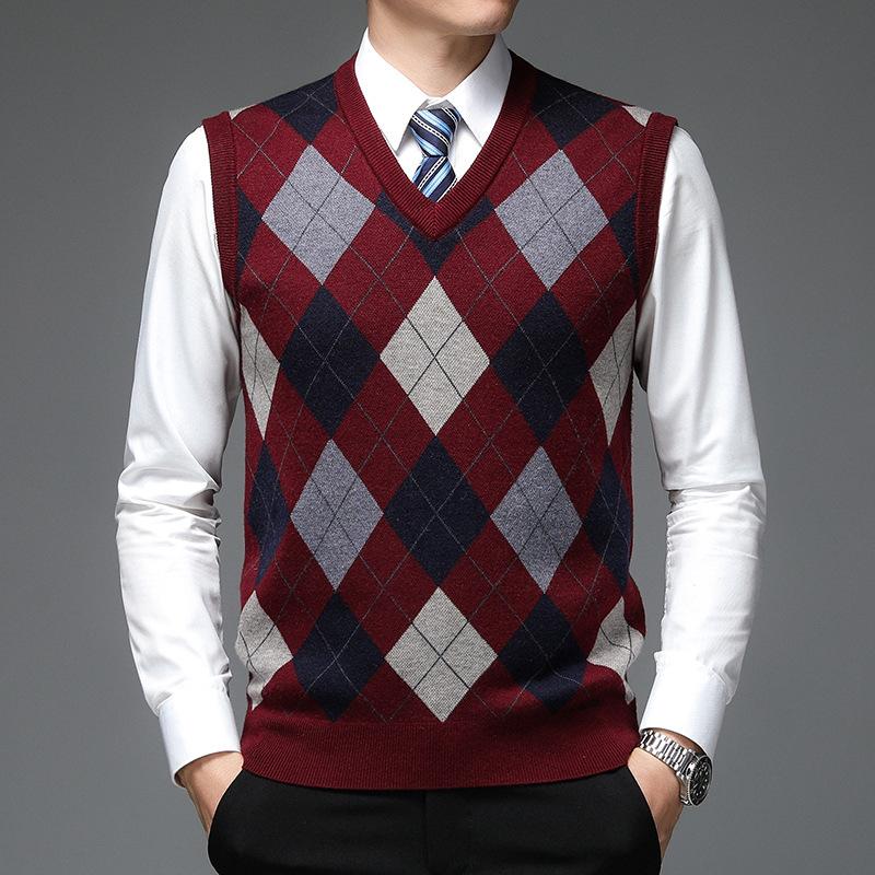 Autumn Winter Men's V-Neck Knitted Warm Vests Casual Sleeveless Knit Sweater Men Business Plaid Vest