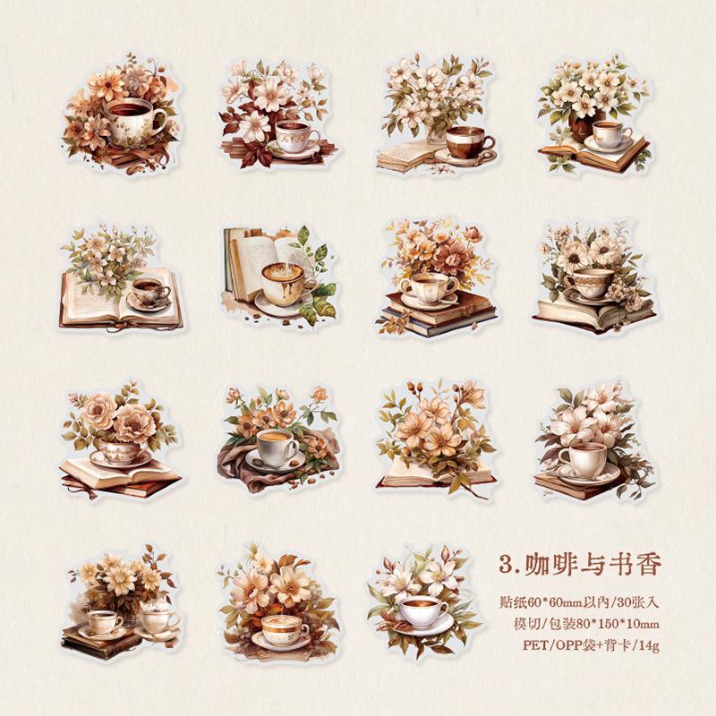 30 uds Paquete de pegatinas temáticas de café gourmet vintage para tienda de campaña a mano pegatinas decorativas DIY Material para Scrapbooking DIY