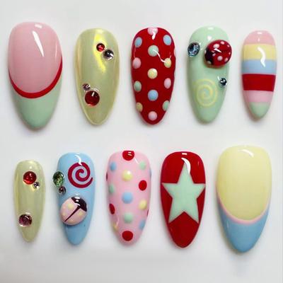 24PCS Colorful Polka Dots French Press On False Nails Sweet Cute Stars Insect Pattern Almond Fake Nails for Girls Women Wearable