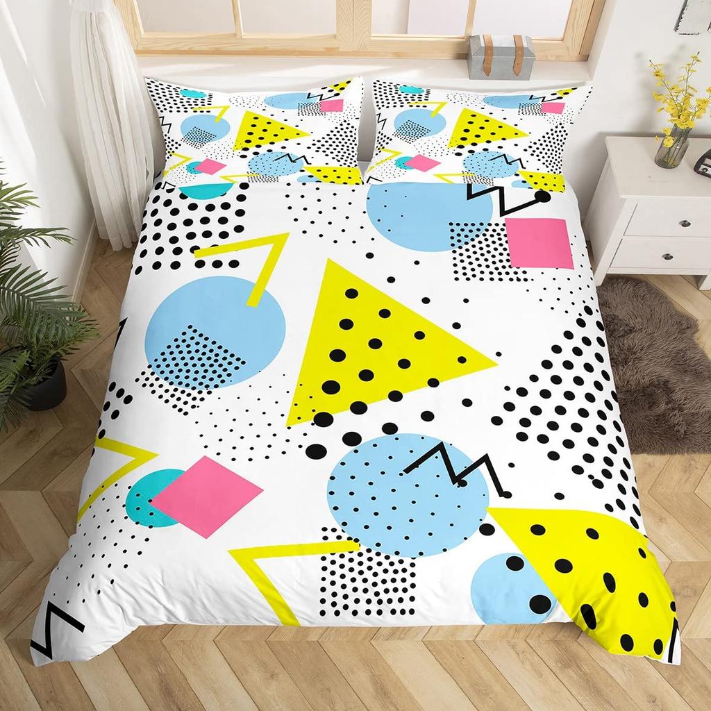 Blau Pink Memphis Bettwäscheset Bunte Abstrakte Bettbezug Hippie Hip Hop Deckenbezug Geometrisch Vintage Mode Steppdeckenbezug