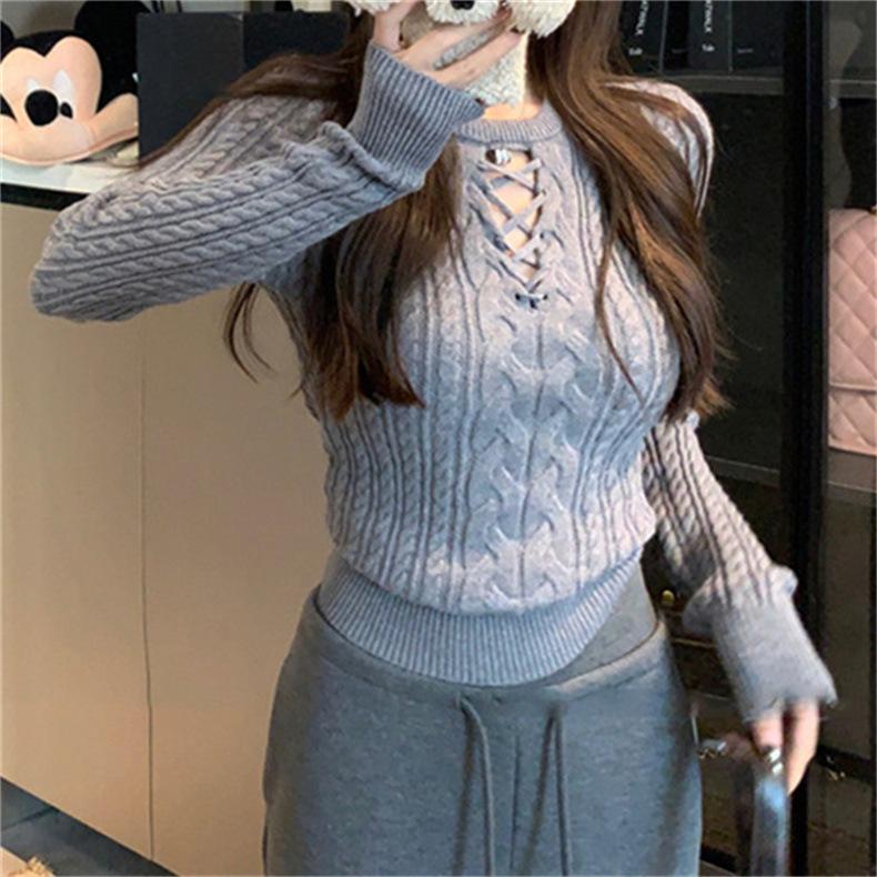 Autumn Winter Loose Casual Solid Color Hollow Out Sweater Women Round Neck Bottomed Knitting Pullover Top onesize 2259₽