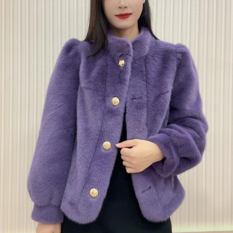 Cappotto Corto di Visone Caldo Spesso Manica Lunga Collo Alto Versatile Capispalla Autunno Inverno