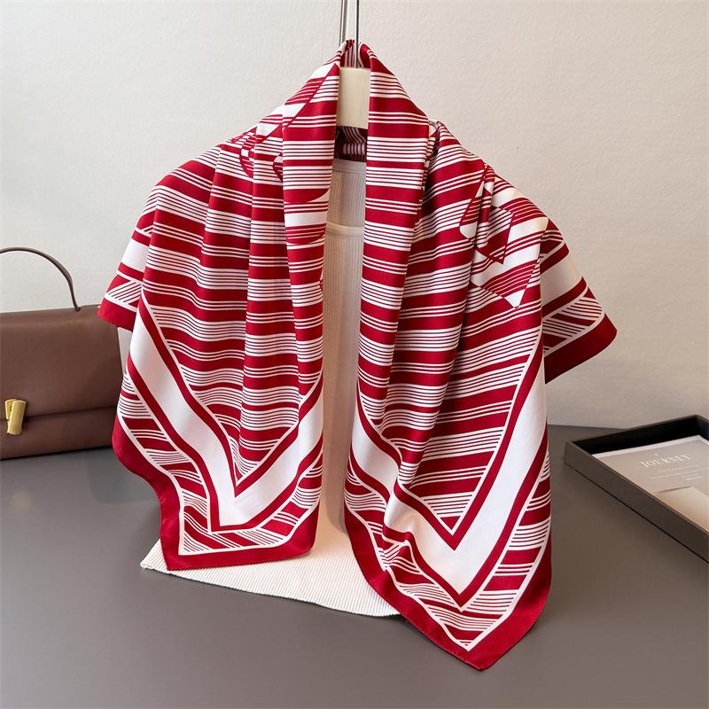 

Striped Interwoven 90 Imitation Silk Large Square Scarf Retro Printing Professional Versatile Shawl Diagonal Silk Scarf Headscarf 90x90cm