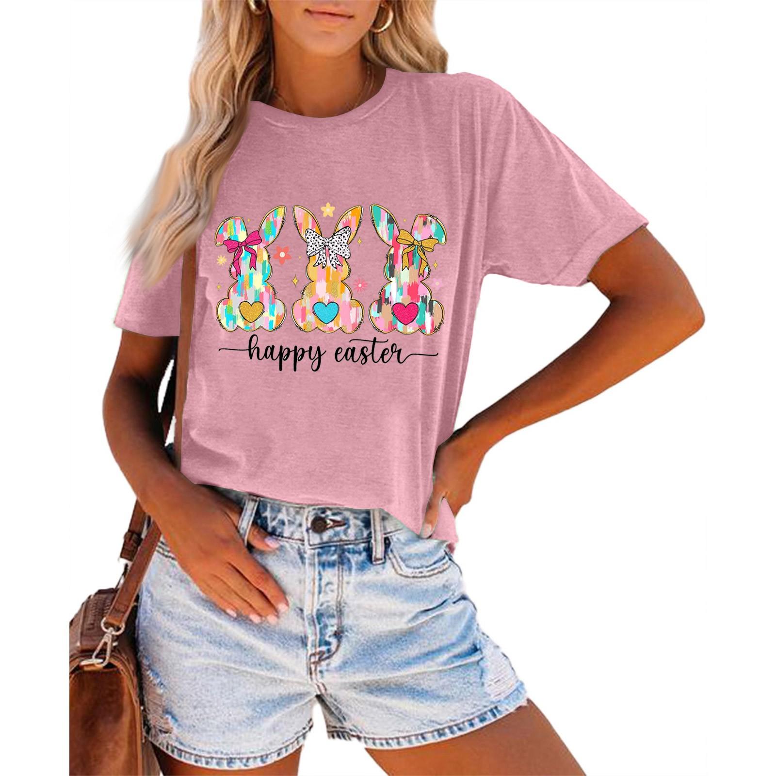 

Жіноча модна повсякденна літня зручна блузка з круглим вирізом і коротким рукавом з принтом M рожевий