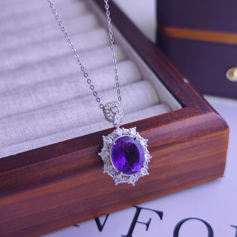 Women s 925 Sterling Silver Oval Pendant Necklace, Natural Amethyst Crystal Halo Setting, Elegant Luxury Jewelry Gift 925 silver