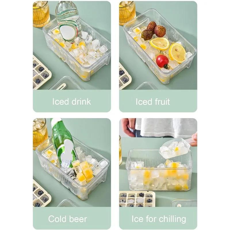 Zásobník na led Formy na ledové kostky jedním tlačítkem s víkem a přihrádkou Víceúčelová forma na výrobu ledu Pro domácnost Forma na skladování ledu v potravinářské kvalitě