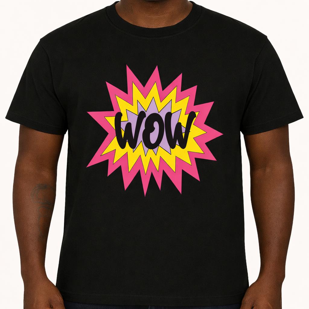 WOW Comic T Shirt Colorful Starburst Graphic Tee Pop Art Retro Streetwear Top S