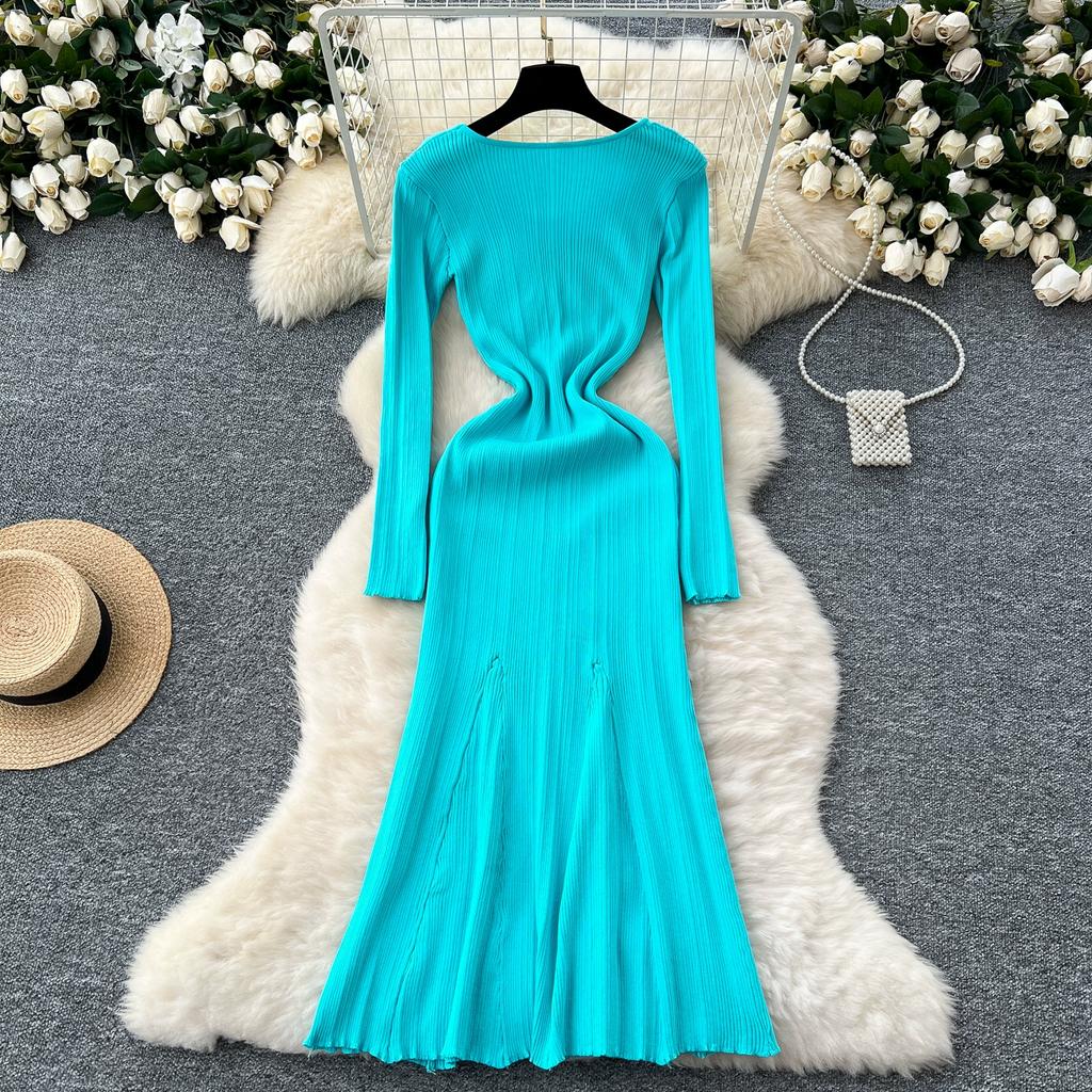 Autumn Winter Women Elegant V-neck Full Sleeve Knitted Pullover Sweater Long Maxi Party Mermaid Dresses