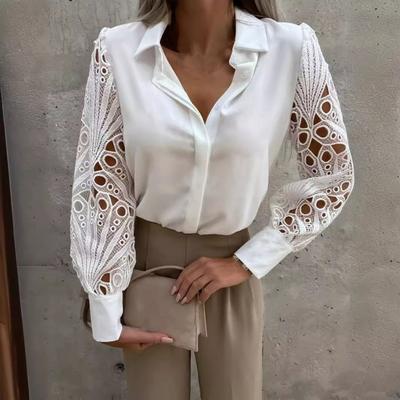 Women Shirt Hollow Lace Splicing Design Long Sleeve Tops Lapel Collar Shirt Loose Single Breasted Fit Solid