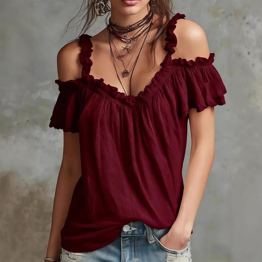 Blusa da Donna a Spalle Scoperte con Maniche a Volant Vestibilità Larga Top Estivo Pullover Casual Leggero per Uso Quotidiano