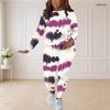 Women Plus Size Two Piece Set Round Neck Long Sleeve Printed Top And Fitted Pants